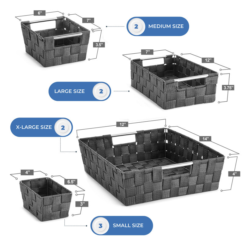 Set of 9 Black Woven Plastic Storage Baskets with Handles