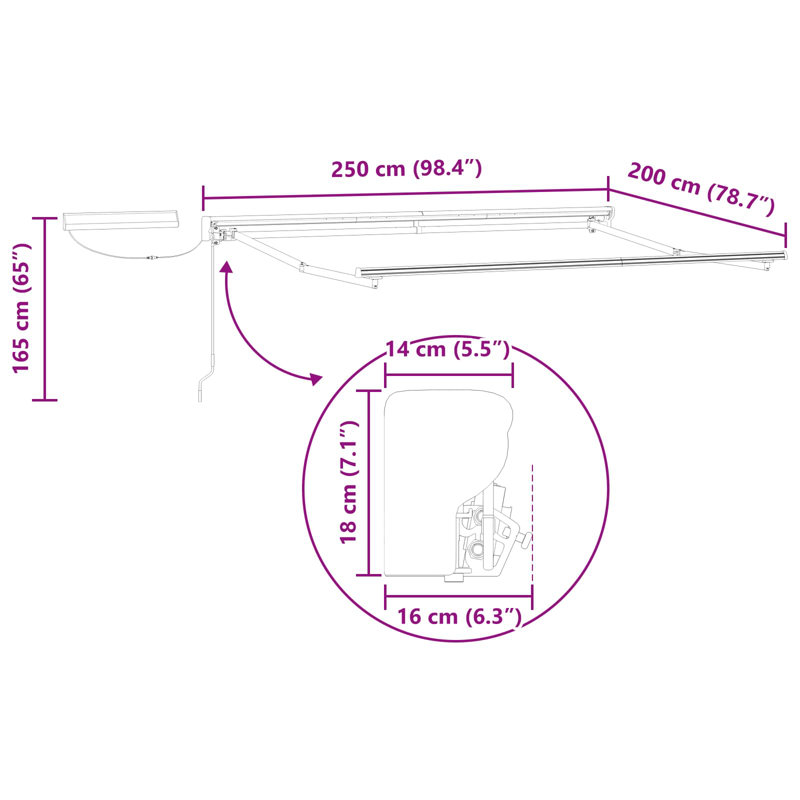 VidaXL Polyester Cover Retractable Patio Awning, 250cm W x 200cm D, White