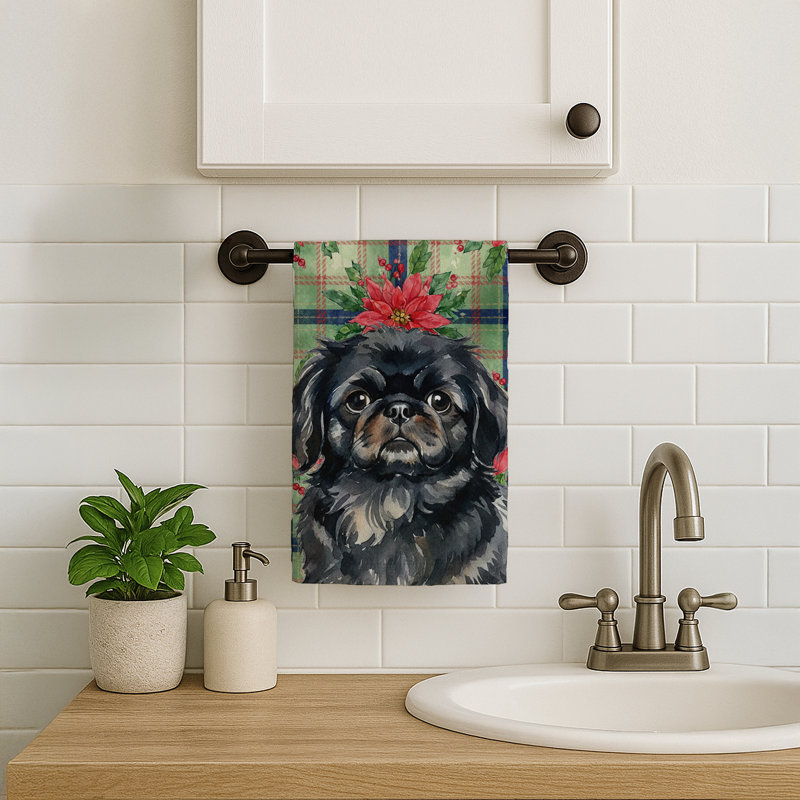 Black Pekingese Christmas PoinsettIas Kitchen Towel, Black Pekingese