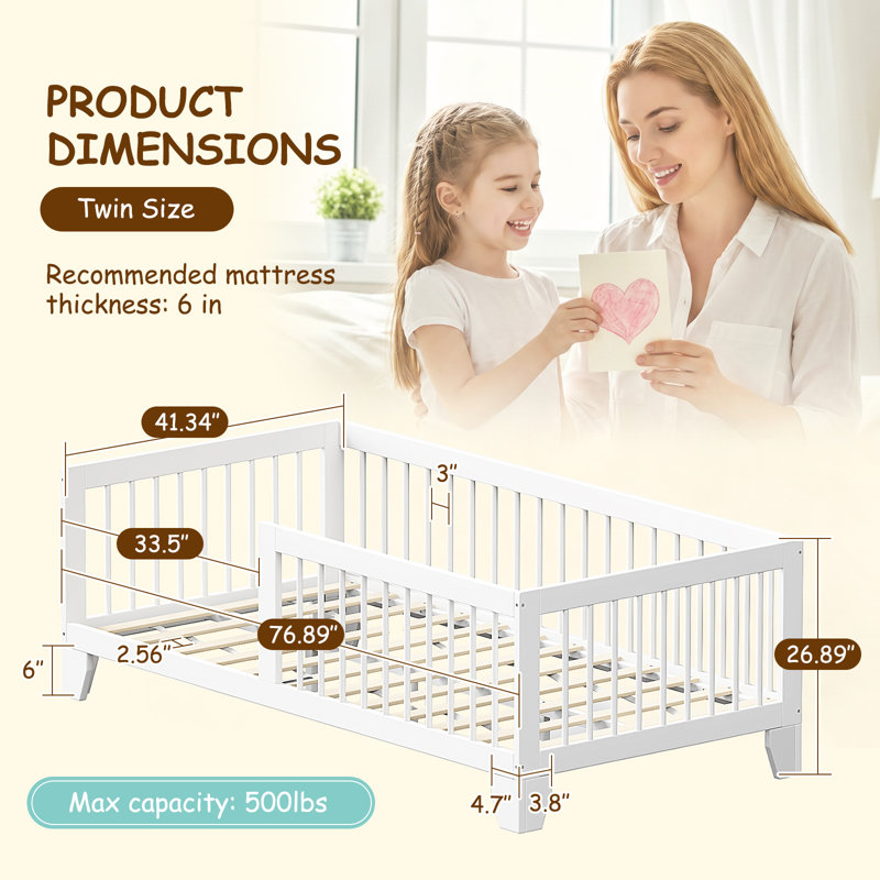 Lit simple au sol en bois massif blanc avec garde-corps - structure de lit pour enfants style Montessori