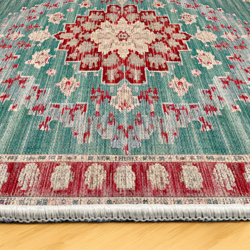 Otto Burgundy Green Oriental Machine Printed Cotton Polyester Area Rug, Runner 3'4" x 8'3"