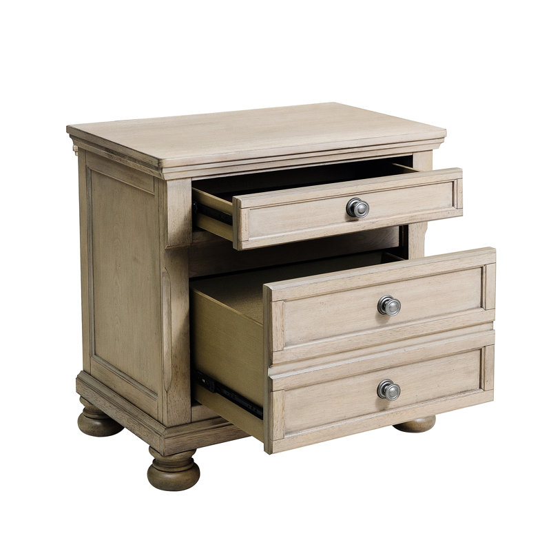 Table de chevet de chambre à coucher avec finition grise, bois de placage de bouleau, 2 tiroirs, aucun assemblage nécessaire dans le tiroir caché, placage, ton antique,