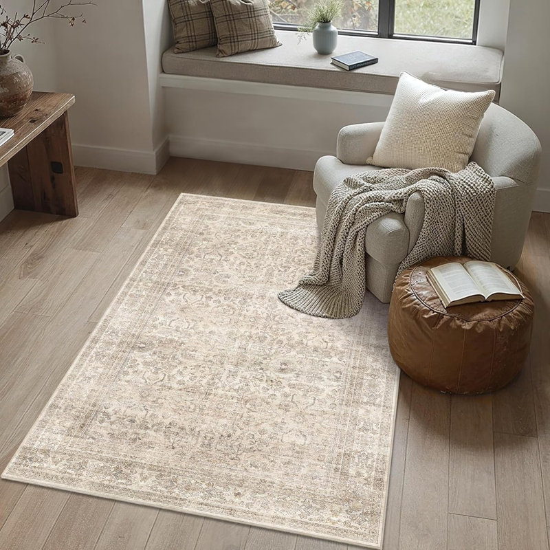 Tapis délavé lavable, antidérapant et doux, Rectangle 3'x5', Beige