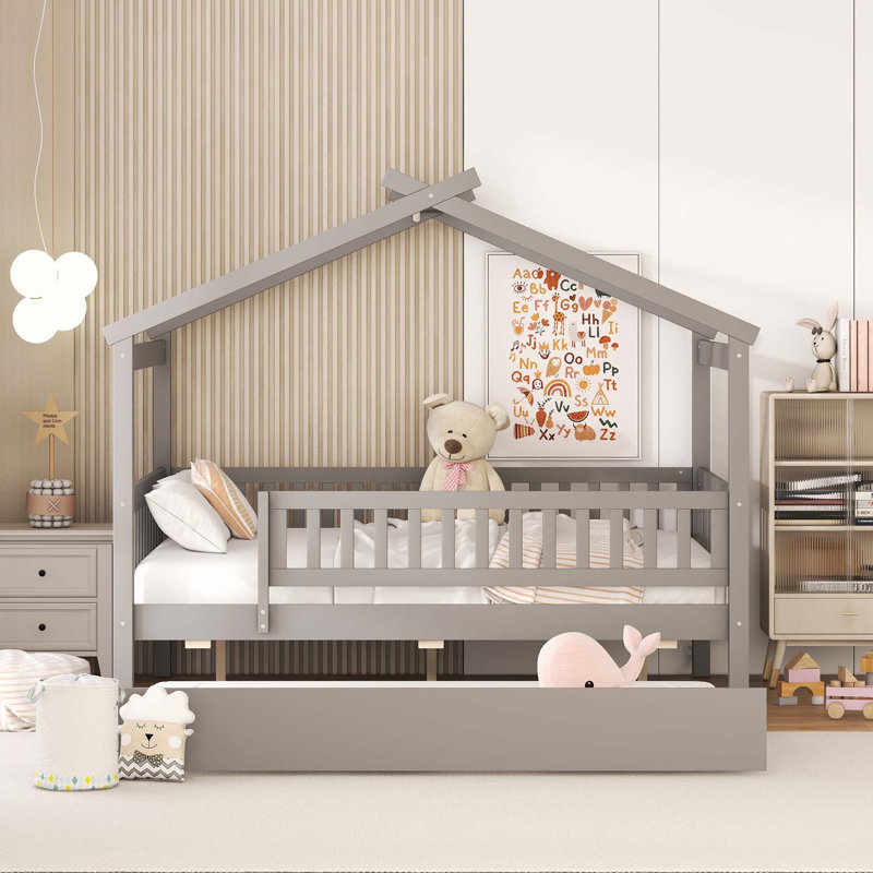 Lit en bois avec lit gigogne simple, Gris, Full