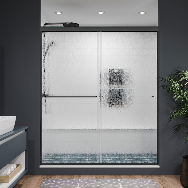 60'' - W x 70'' H Double Sliding Door Semi-Frameless Shower Door with Pattern Glass, Matte Black