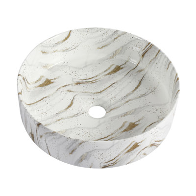 Lavabo de salle de bain rond rond en céramique pour salle de bain, glacier de haute qualité, bien conçu, comptoir de salle de bain de 18,9 lb de 15,7 pouces de largeur, avec design blanc et or, trois couches faciles à entretenir,