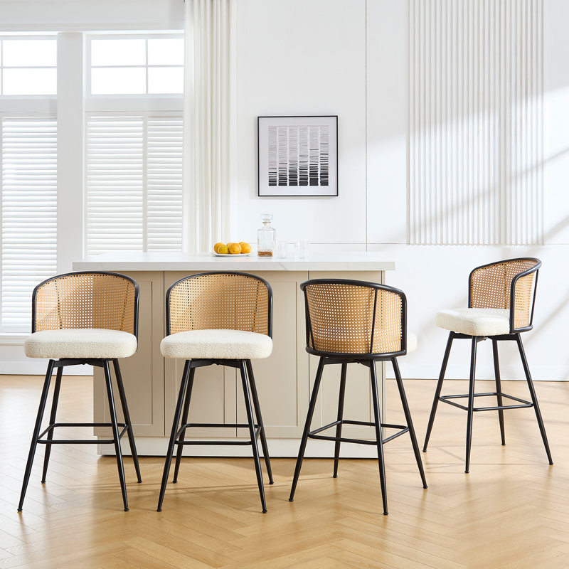 Cane Back Swivel Upholstered Stool, Bar Stool (29” Seat Height), Cream Boucle, 4
