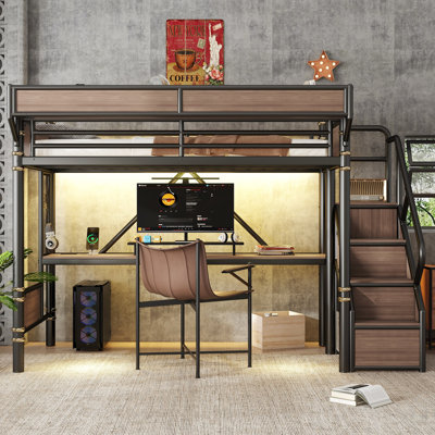 Lit mezzanine simple en métal de taille XL avec bureau intégré et prise de courant, escalier de rangement avec armoire, paniers de rangement en panneau perforé et en filet, bande lumineuse à DEL, noir
