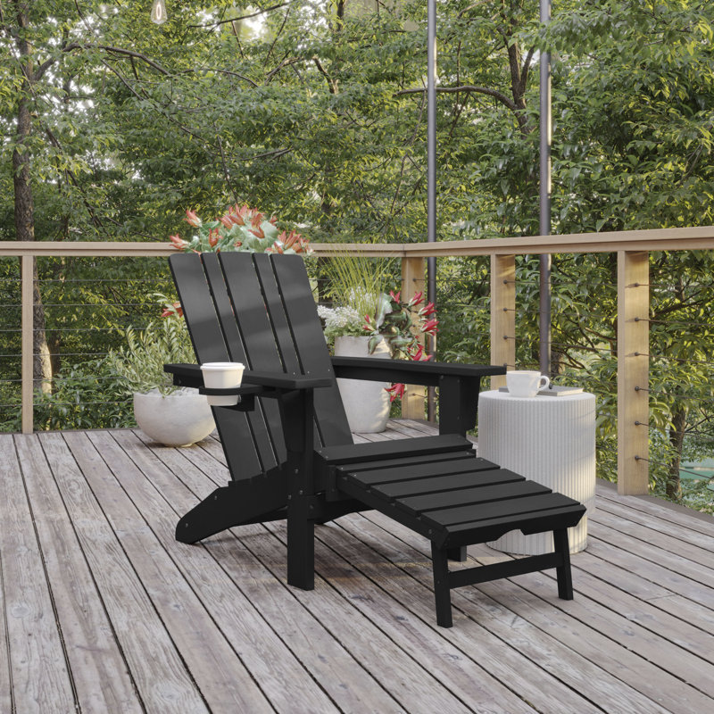 Avir Commercial All-Weather Adirondack Chair with Pullout Ottoman & Cupholder, Black
