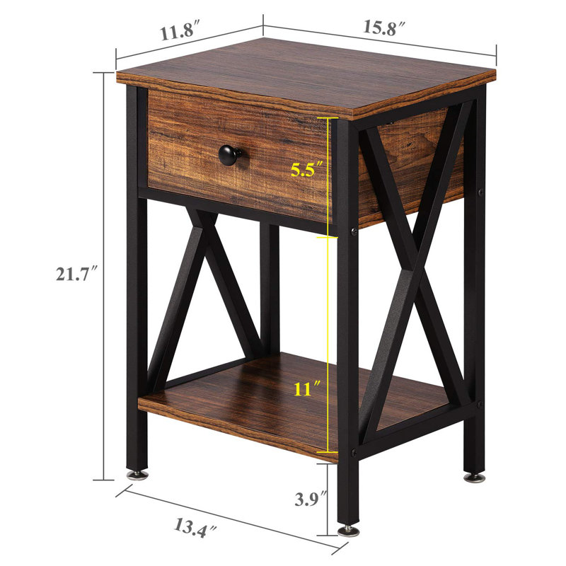 Ensemble de table de chevet robuste et rustique brun, cadre en forme de X, rangement spacieux, assemblage facile, Brun