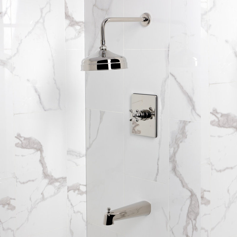 Robinet de baignoire et de douche à pression équilibrée à poignée simple Kingston Brass, Poignées croix, Nickel poli