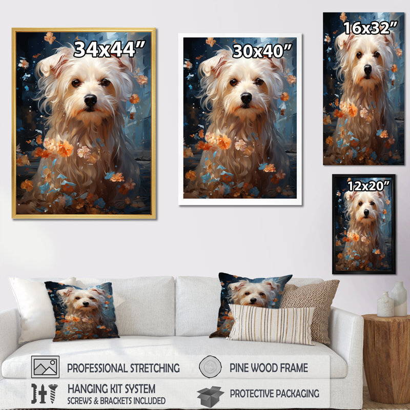«Dog Maltese Magic» sur impression sur toile, Cadre simple argenté, H 20 po x l 12 po x P 1 po