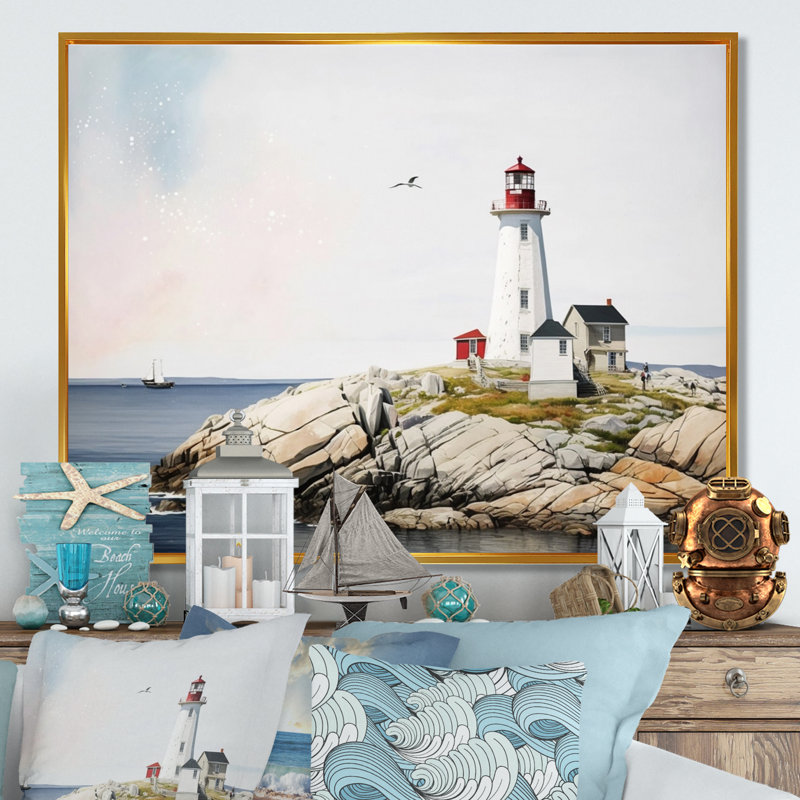 Phare par l'océan I - reproduction sur toile, Cadre flottant doré, H 12 po x l 20 po x P 1 po