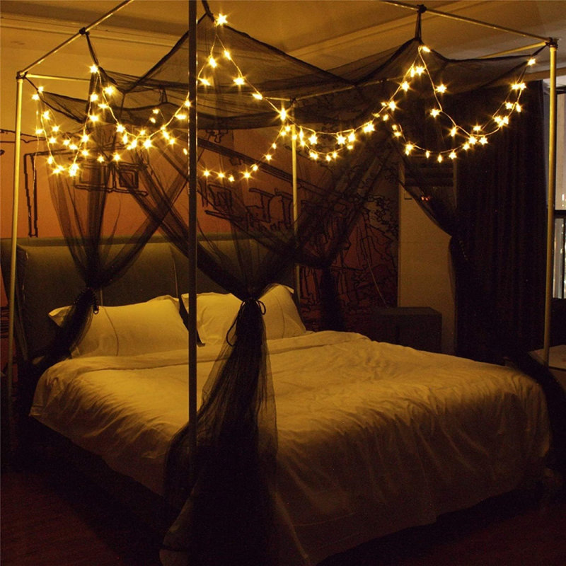 8 Corner Bed Canopy With 100 LED String Lights (Black) 200 X 250Cm