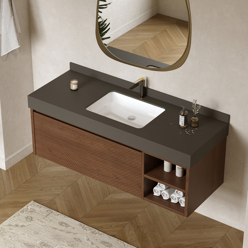 Armoire de salle de bain moderne 48 po avec tiroirs, meuble-lavabo mural en pierre, armoire en bois massif multi-couches, dosseret assorti