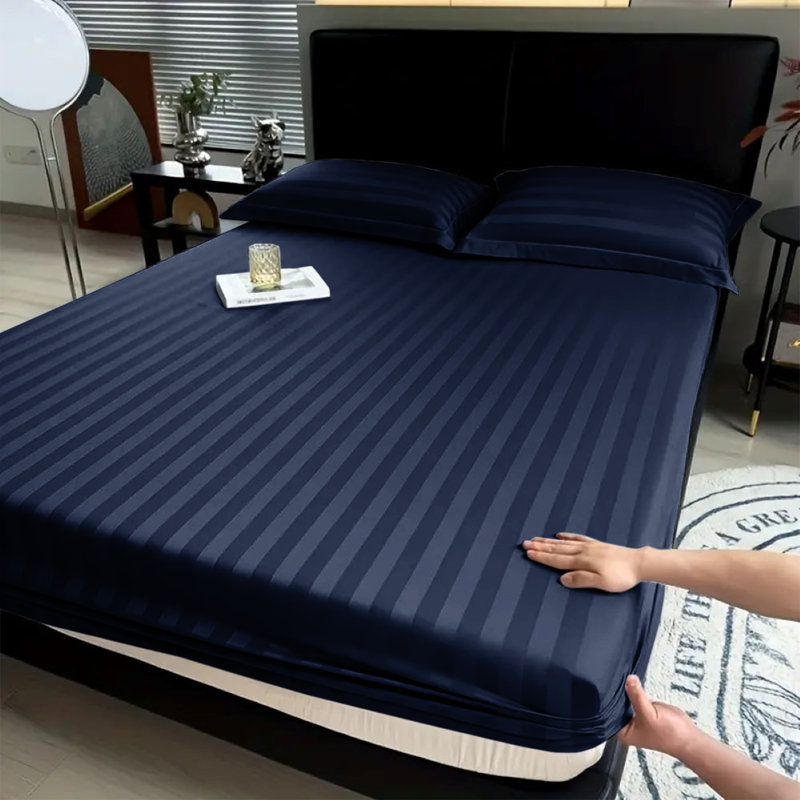 Aspire Homeware Luxury 40cm Deep Striped Fitted Sheet for Hotel Style Bedroom Comfort, King (5'), Navy