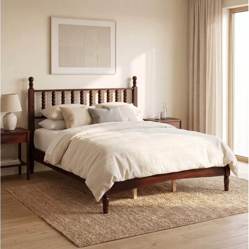 Solid Wood Retro Platform Bed with Gourd Spindle Headboard and Slat Support, No Box Spring Required, Multiple Sizes and Finishes
