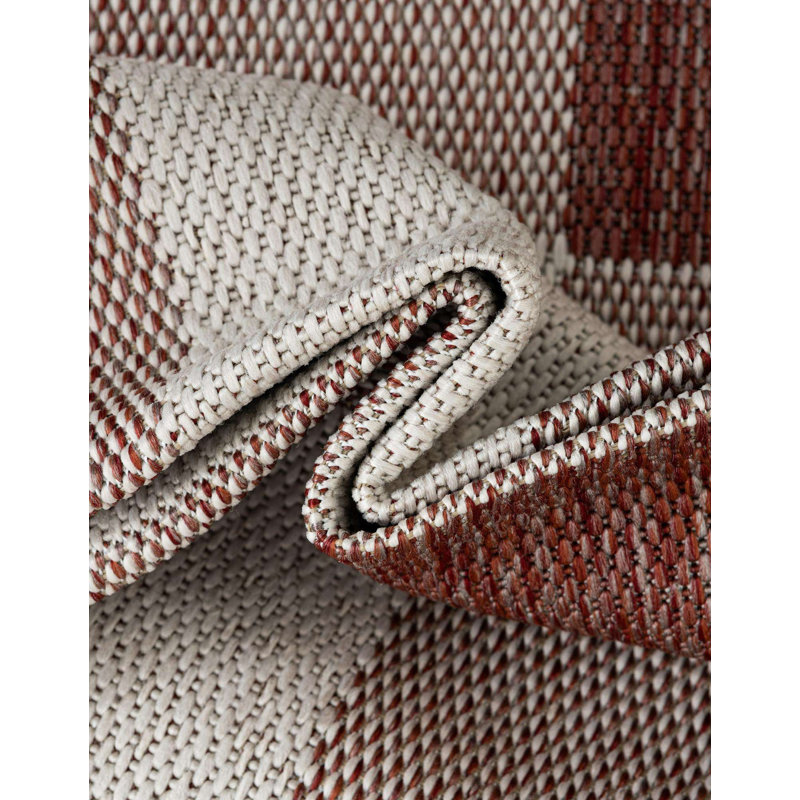 Tatasha Gingham Power Loom Polypropylene Plastic Indoor/Outdoor Area Rug in White/Red, Rectangle 6'1" x 9'