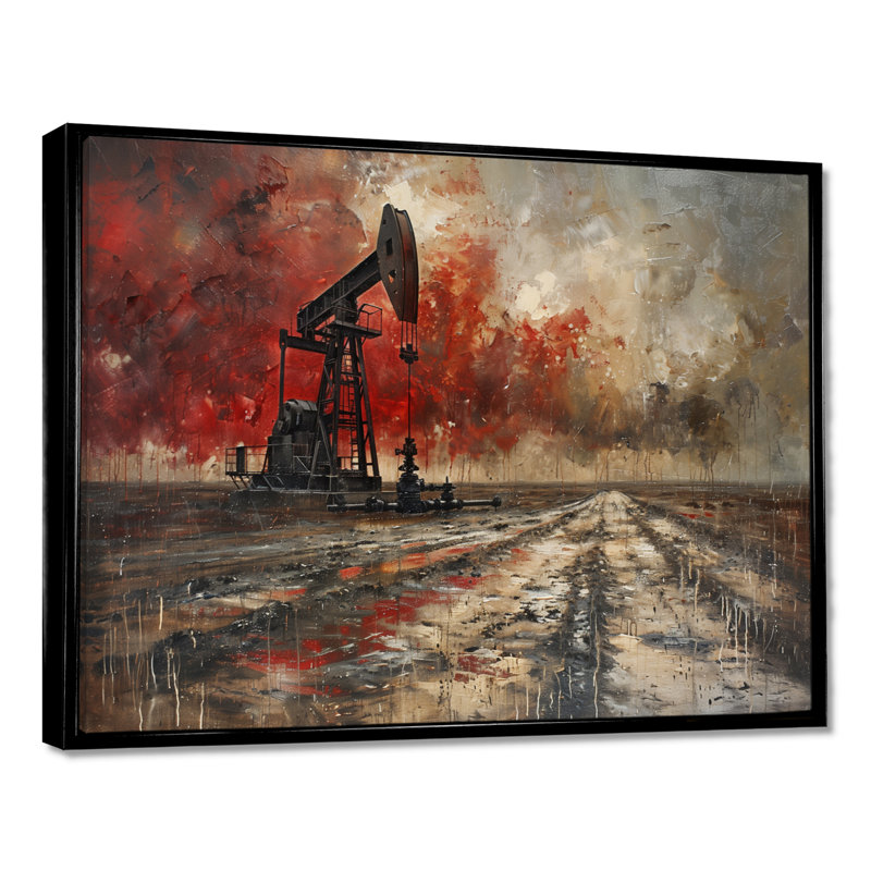 «Red Winter Oil Fields Industrial Icon II - Oil Rigs / Fields», reproduction d'art murale, Toile avec cadre flottant noir