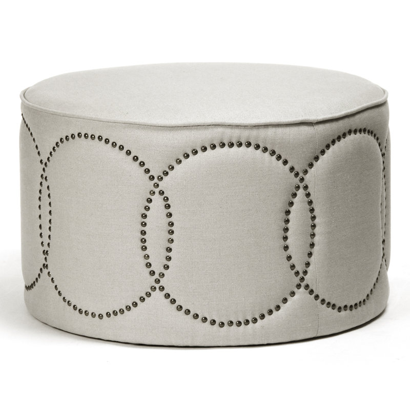 Daisi Round Natural Linen Ottoman with Nailhead Trim