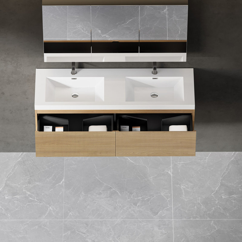 Meuble-lavabo mural avec lavabo à surface solide, Blanc, Bois de chêne naturel, 59"