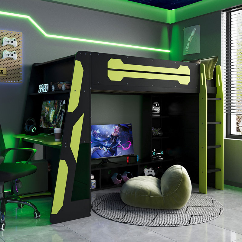 Loft Bed With Built-In Desk And Charging Station, Black/Green, Twin