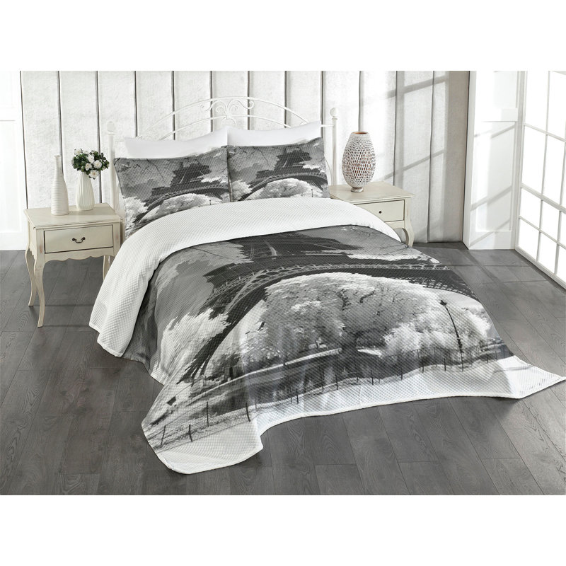 King Size White Quilted Bedspread Set with Eiffel Tower Print