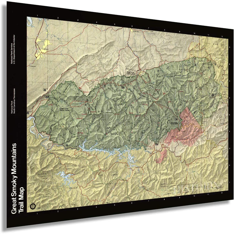 1990 Great Smoky Mountains Trail Map, art mural sur papier, H 24 po x l 36 po x P 0,1 po