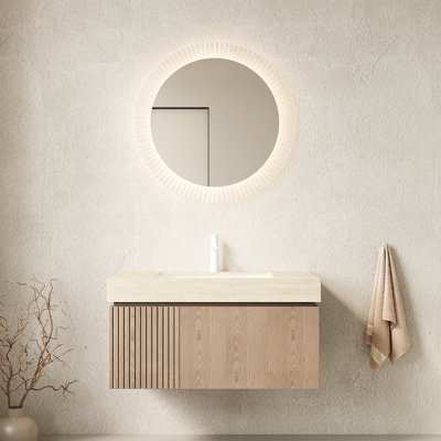 Meuble-lavabo de salle de bain 36 po en contreplaqué flottant 36 po, comptoir en pierre frittée, lavabo en céramique avec trou de trop-plein, pré-assemblé, beige, porte de tiroir d'armoire à revêtement en cire de bois, vasque, brun, haute température
