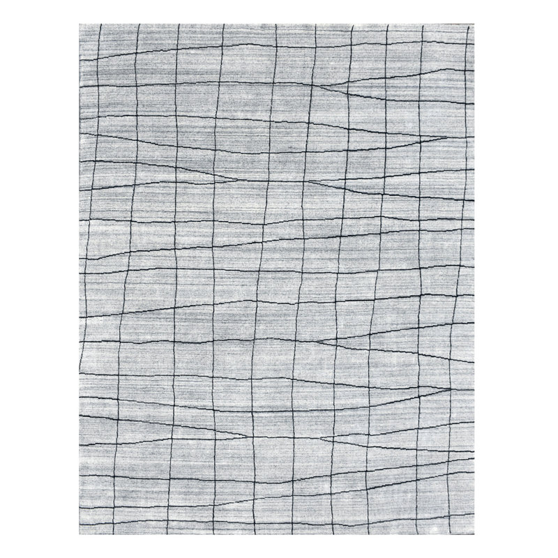 Tapis géométrique abstrait en laine tissé à la main 8 pi x 10 pi gris et noir