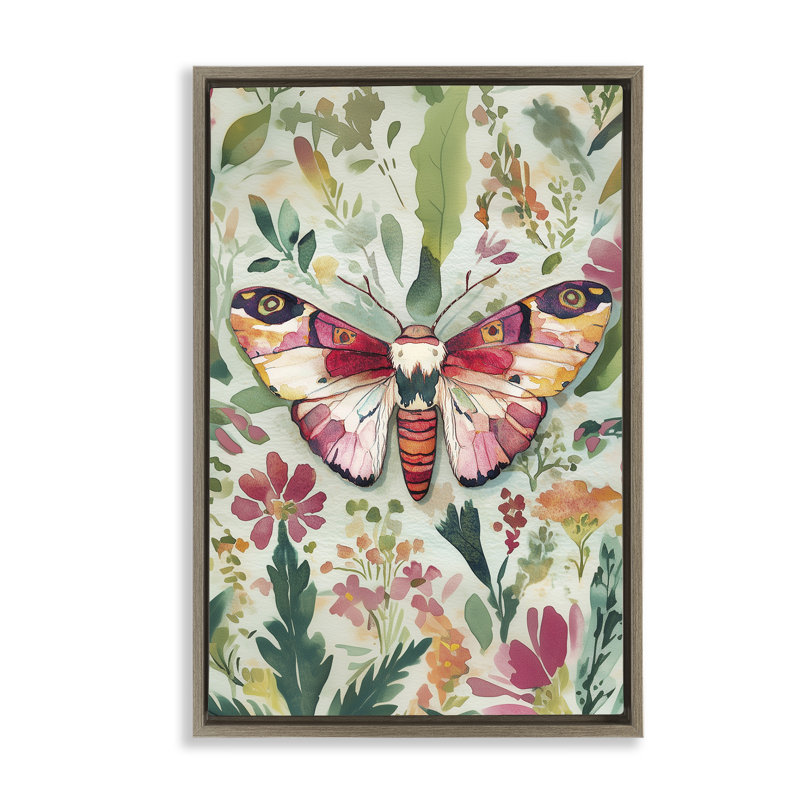 Cadre flottant papillon sur fleurs abstraites, design par The Dutch Lady, H 31 po x l 21 po, Cadre flottant orme Montalcino