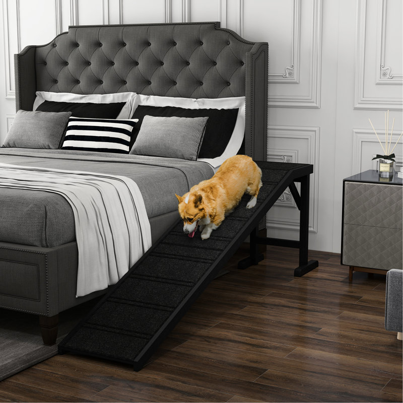 Dog Bed Ramp, Non-Slip & Safe, 74"X16"X25", Black, Pine Construction Pet Mobility Black. Slip Surface Tough Pine. Facilitates Accessibility. Mitigates Joint Strain. Assembly Required