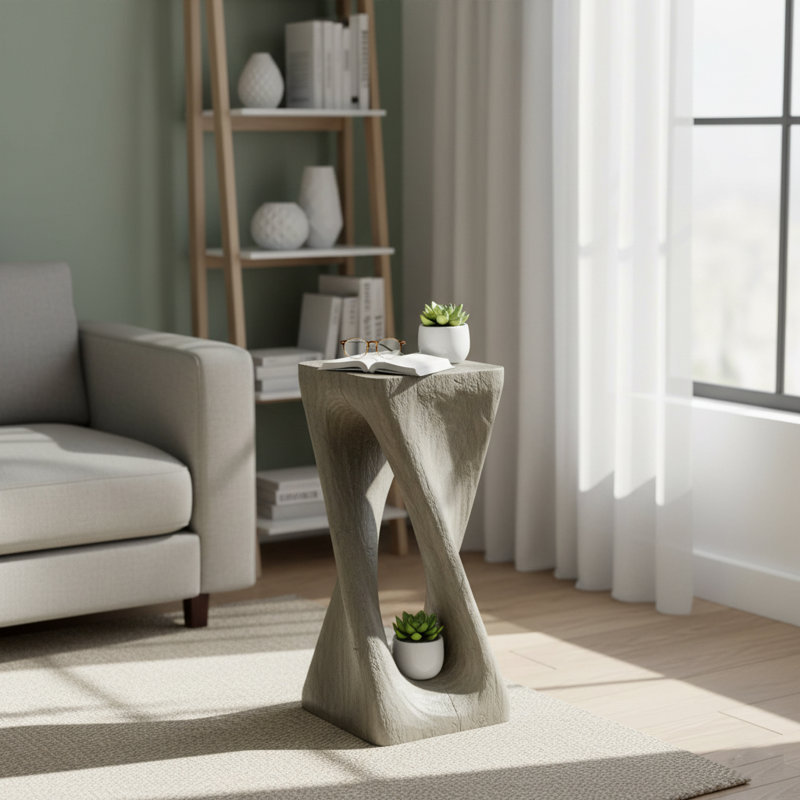 Table de bout moderne en bois avec découpes torsadées, table d'appoint artistique pour le salon et la chambre à coucher, Gris
