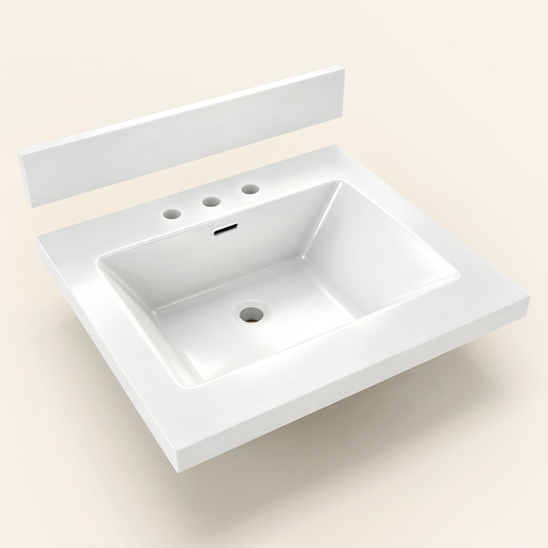 Plan de toilette en surface solide de 61 cm (L) x 53 cm (P) avec lavabo central intégré, dosseret de 9 cm, robinet à 3 trous et entraxe de 20 cm.