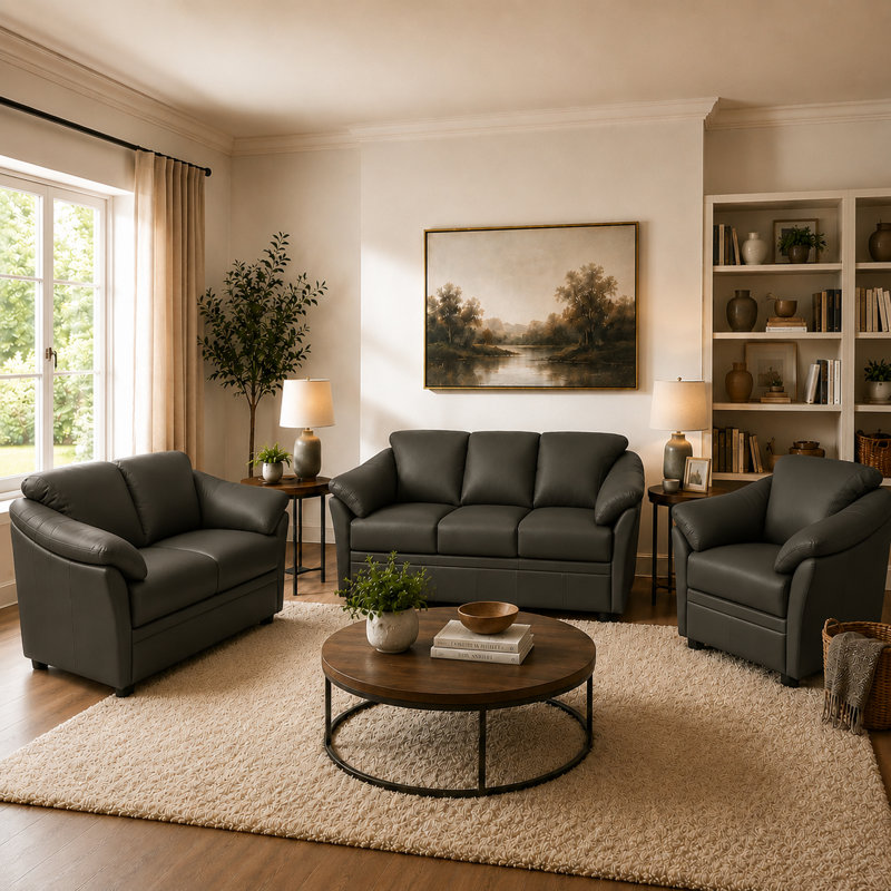 Ensemble de canapés en cuir Ramdev, Canapé, causeuse, fauteuil, Cuir véritable gris anthracite
