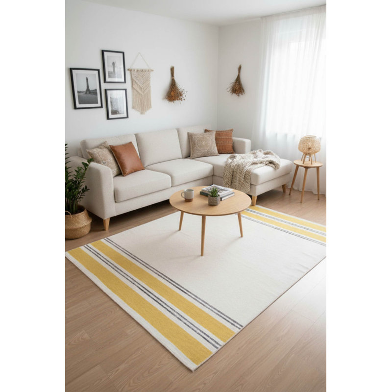 Tapis décoratif beige rayé jaune, Tapis de couloir 2 pi 6 po x 5 pi