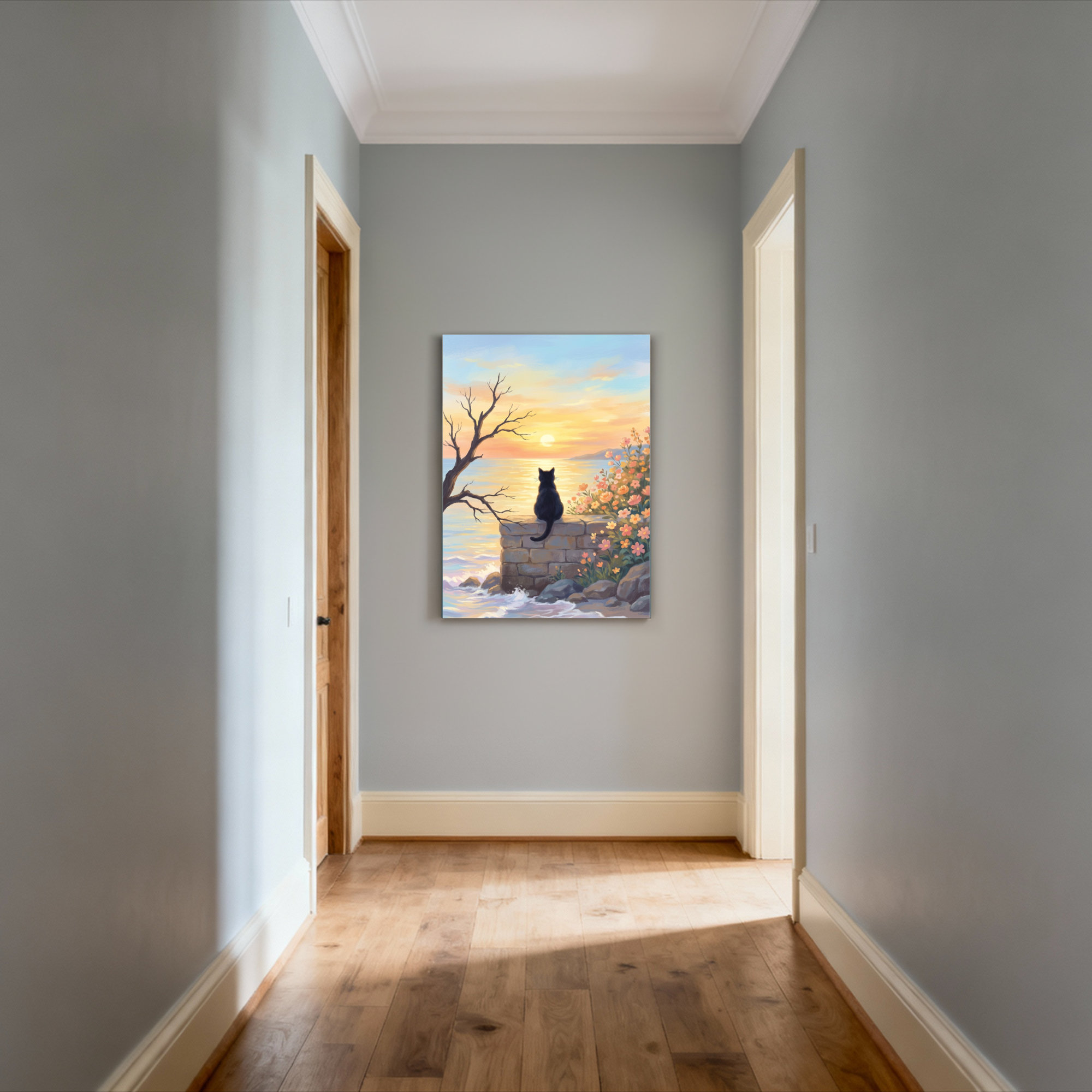 Winston Porter Black Cat Sunset Ocean View Canvas Wrapped Wall Art Oil ...