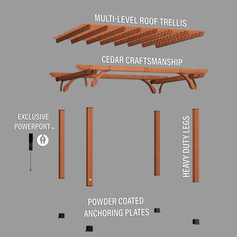 Ensemble de pergola d'extérieur en bois de cèdre 14 pi x 12 pi avec toit en treillis et PowerPort Backyard Discovery Beaumont