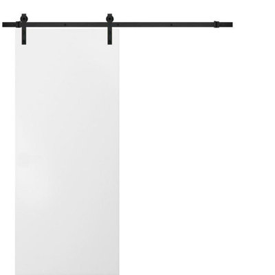 Porte de grange robuste avec quincaillerie Planum 0010 Blanc Soie, supports de rail de 2 m (6,6 pi), porte intérieure moderne à panneaux pleins - 81 cm x 203 cm (32 po x 80 po) - Rail noir