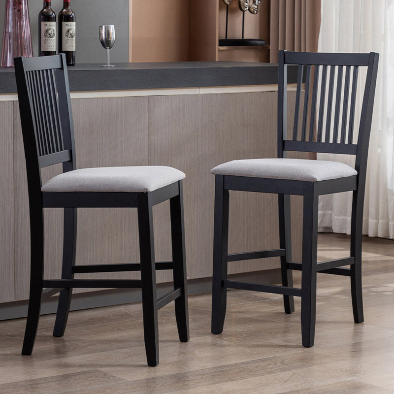 Anthonny 24.8" High Square Cushion Seat High Back Solid Wood Counter Height Bar Stool, Black