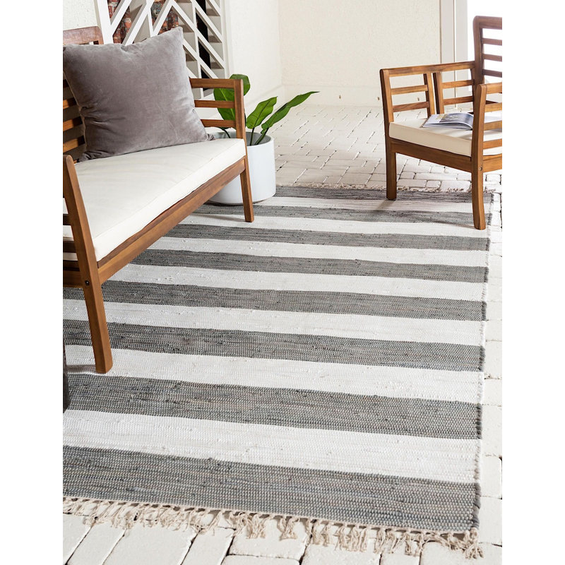 Tapis gris / blanc cassé en coton noué à la main Rinker, Rectangle 8 pi x 10 pi