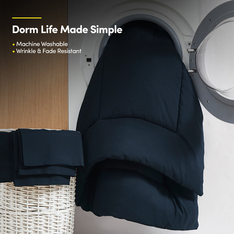 Ensemble de literie pour grand lit simple 7 pièces Campus Ready Dorm, édredon, oreillers et draps, Marine