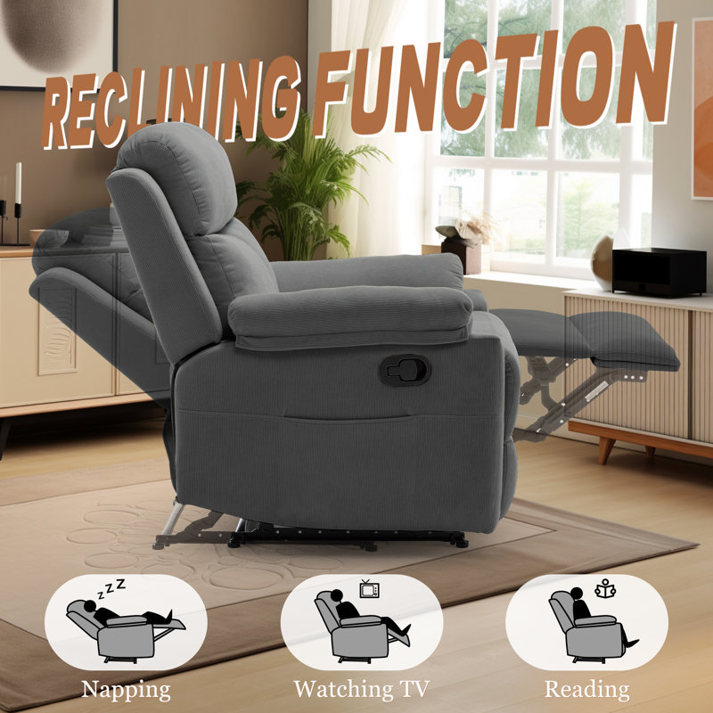 Manual Recliner Chair ,Small Recliners For Small Space, Soft Fabric Upholstered Recliner With Side Pocket, Gray