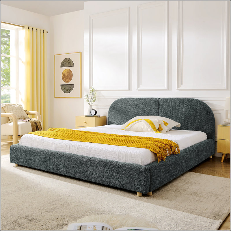 Structure de lit tapissier pour grand lit, style minimaliste moderne avec tête de lit haute incurvée, tissu en fil de cercle de qualité supérieure et support de pieds robuste, matelas non inclus