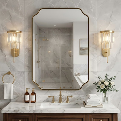 Rectangular Bathroom Vanity Mirror with Scalloped Corners – Stainless Steel Frame