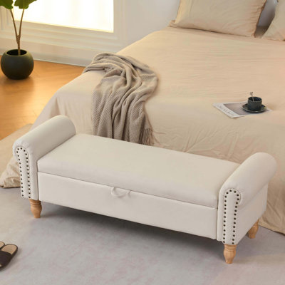 Storage Ottoman Bench, Fabric Benches End of Bed Bench with Solid Wood Legs Upholstered Ottoman Bench with Storage Indoor Bench for Living Room with R