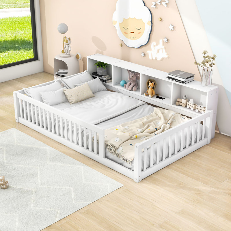 Lit en bois simple TG avec tablettes de rangement intégrées et ports de chargement USB, Blanc