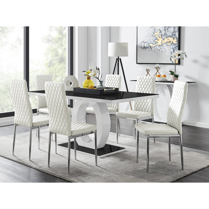 Eubanks Dining Set with 6 Chairs, White, Silver