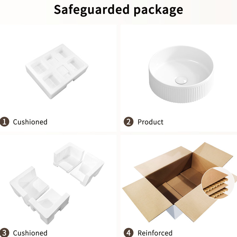 14 Inch Round Porcelain Ceramic White Vessel Sink, Vertical Stripes And Elegant Design, Easy To Clean For Bathroom Vanity Modern With Stripes, Maintenance Cabinet