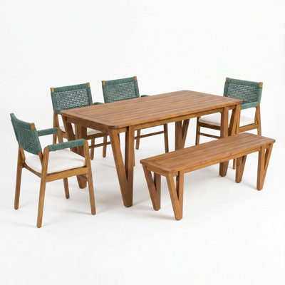 Ensemble de salle à manger de patio en bois d'acacia 6 personnes avec banc et corde tissé Brendalyn